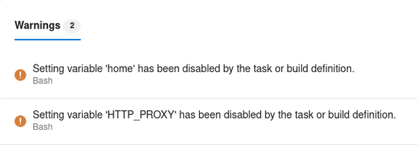 Azure DevOps Pipeline warnings showing modifying variables was disabled.